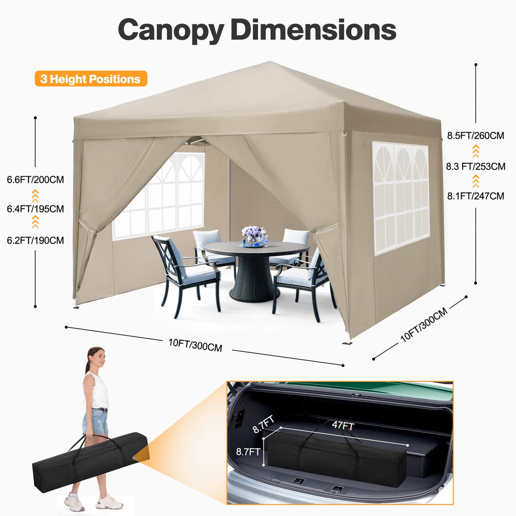 10'x 10' Pop up Canopy 1 Person Setup Canopy Portable Outdoor Party Instant Shelter with 4 Removable Sidewalls & Carrying Bag for Wedding Picnics Camping, White