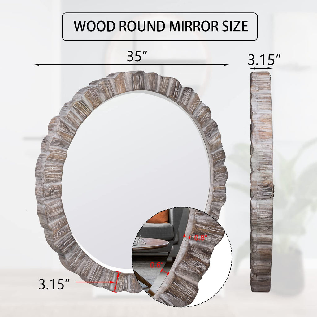 35" Wood Round Mirror, Rustic Wall Mirror with Thick Frame, Large Round Mirror for Wall Decor, Wooden Circle Beveled Mirror for Entryway, Farmhouse, Washed White