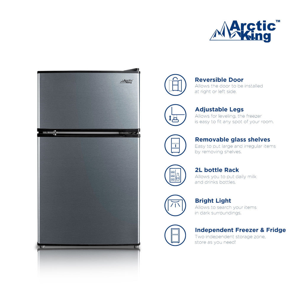 Arctic King 3.2 Cu ft Two Door Compact Refrigerator with Freezer, Black Stainless Steel look