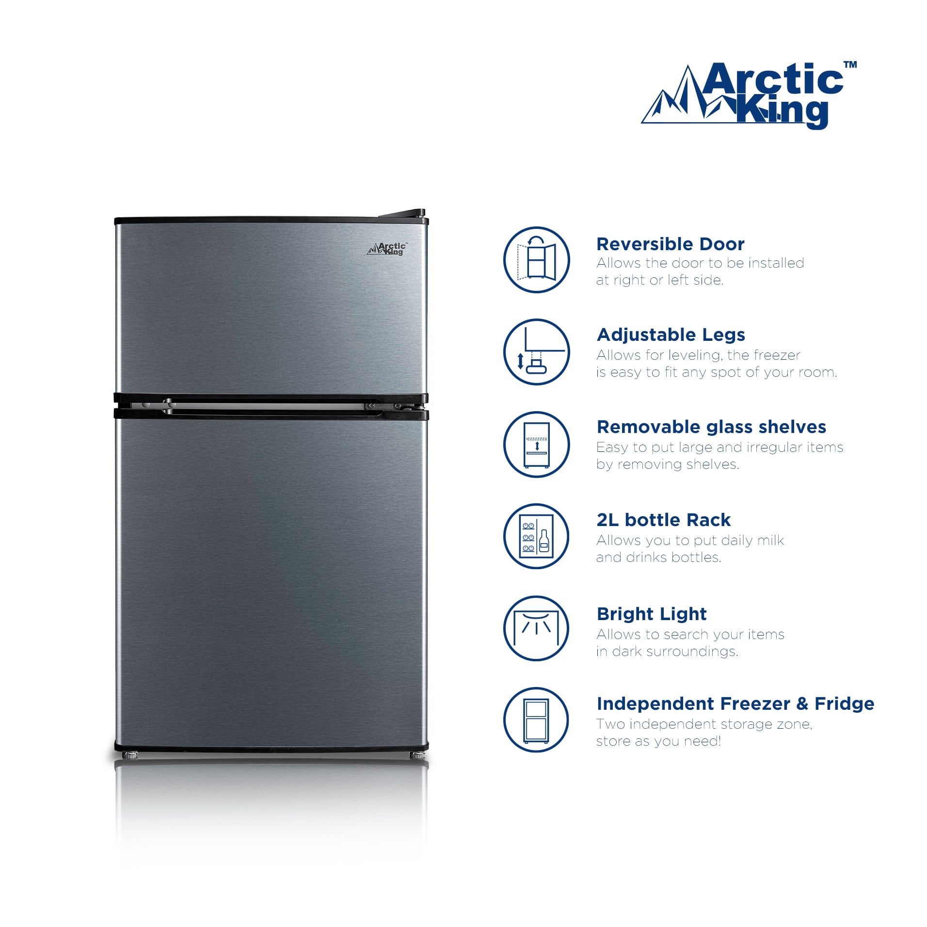 Arctic King 3.2 Cu ft Two Door Compact Refrigerator with Freezer, Stainless Steel, E-star