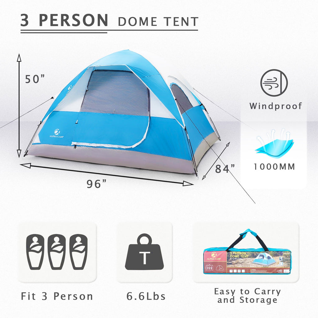 Alpha Camper 2-Person Camping Dome Tent Waterproof Portable Tent with Carry Bag, Blue