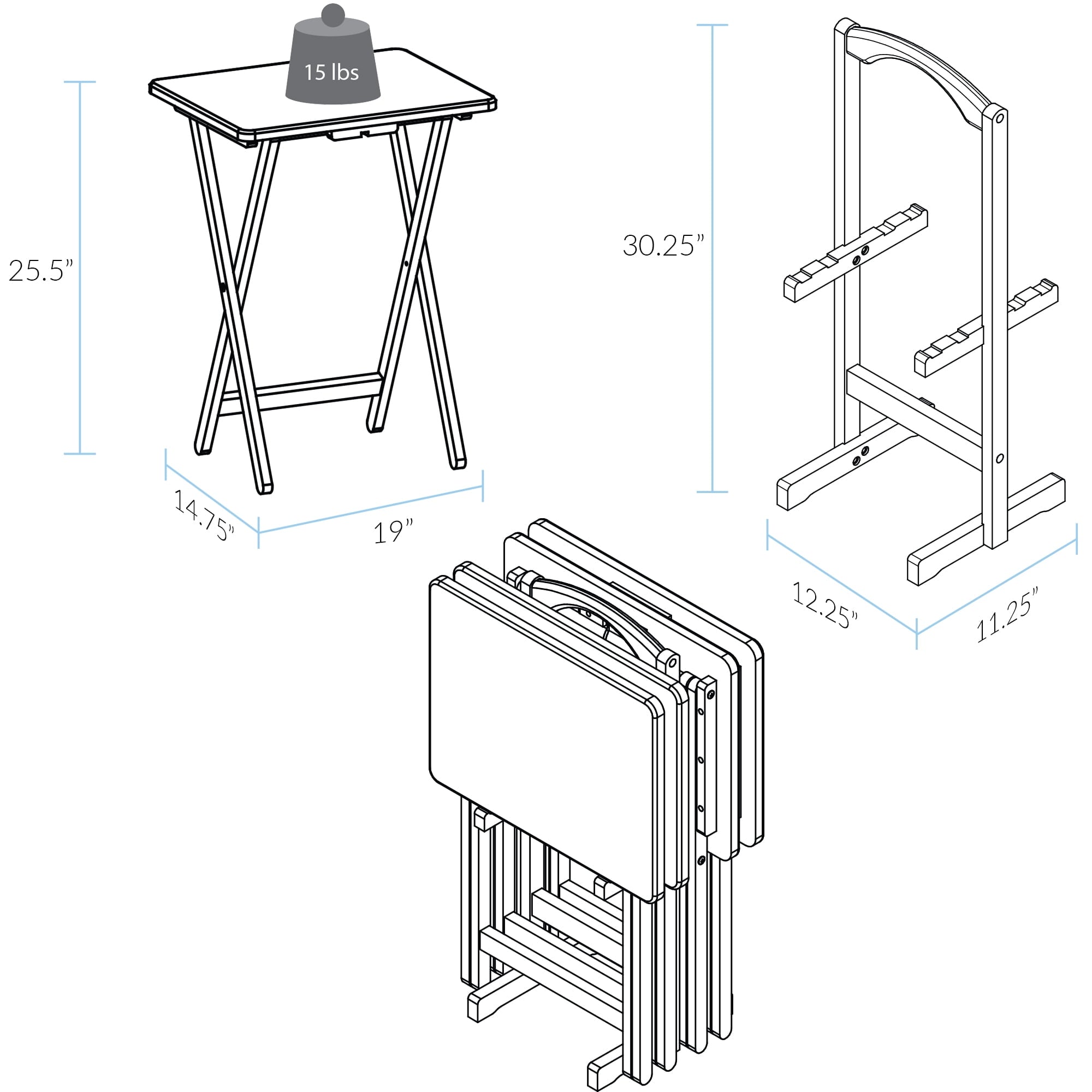 5 Piece TV Tray Table Set in White (4 Trays, 1 Stand)