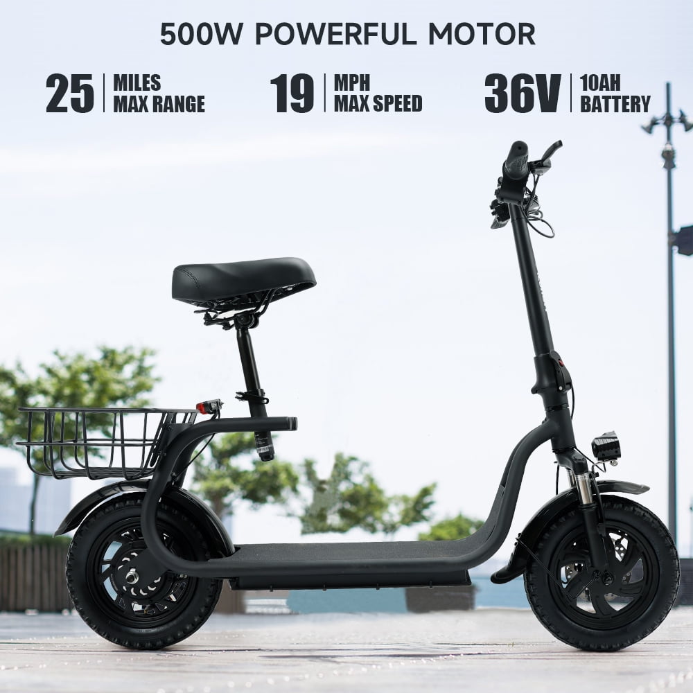 500W Adult Shock Absorption Electric Scooter with Seat 12" Commuter Electric Scooter With Carry Basket - Up to 25 Miles 18.6MPH