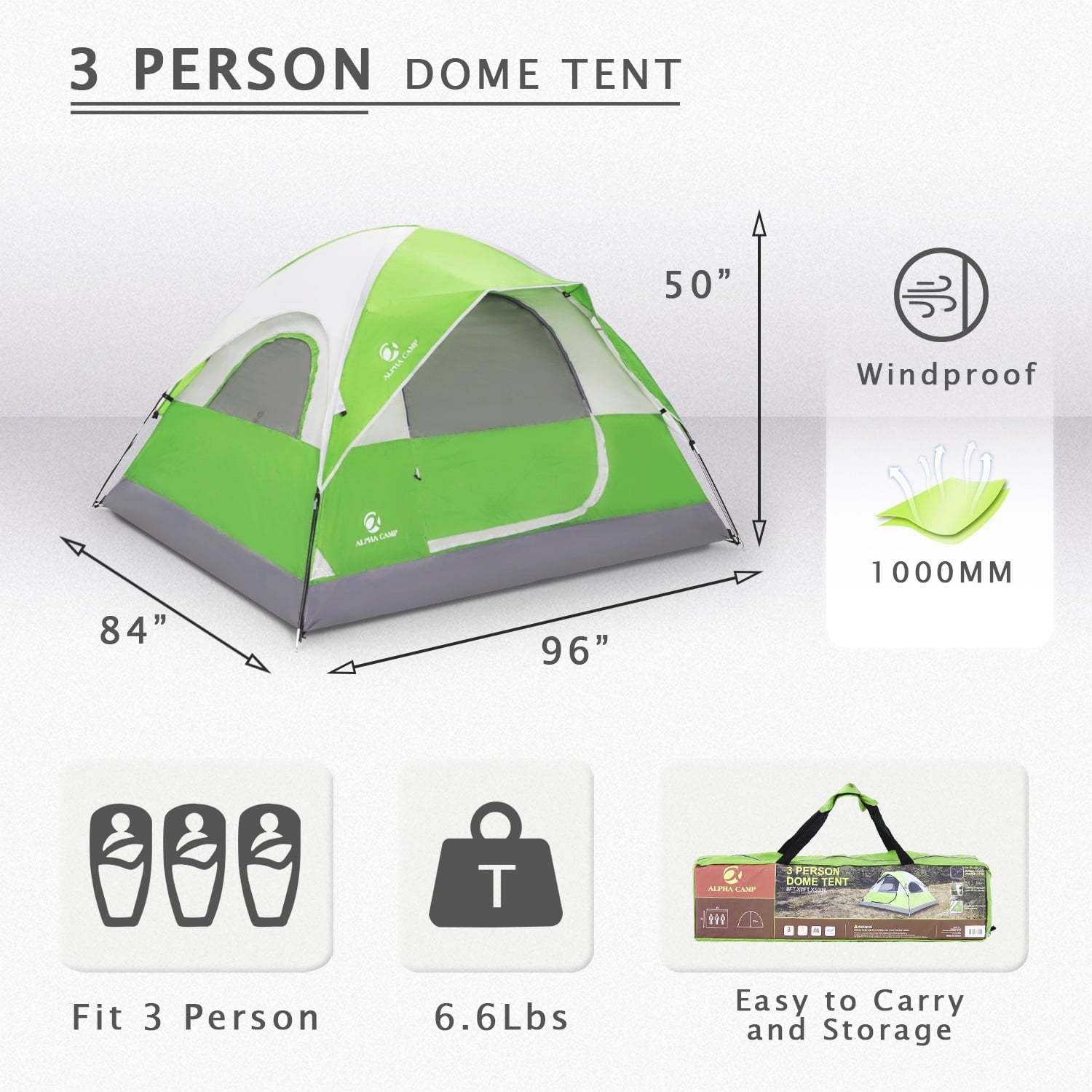 Alpha Camper 2-Person Camping Dome Tent Waterproof Portable Tent with Carry Bag, Blue