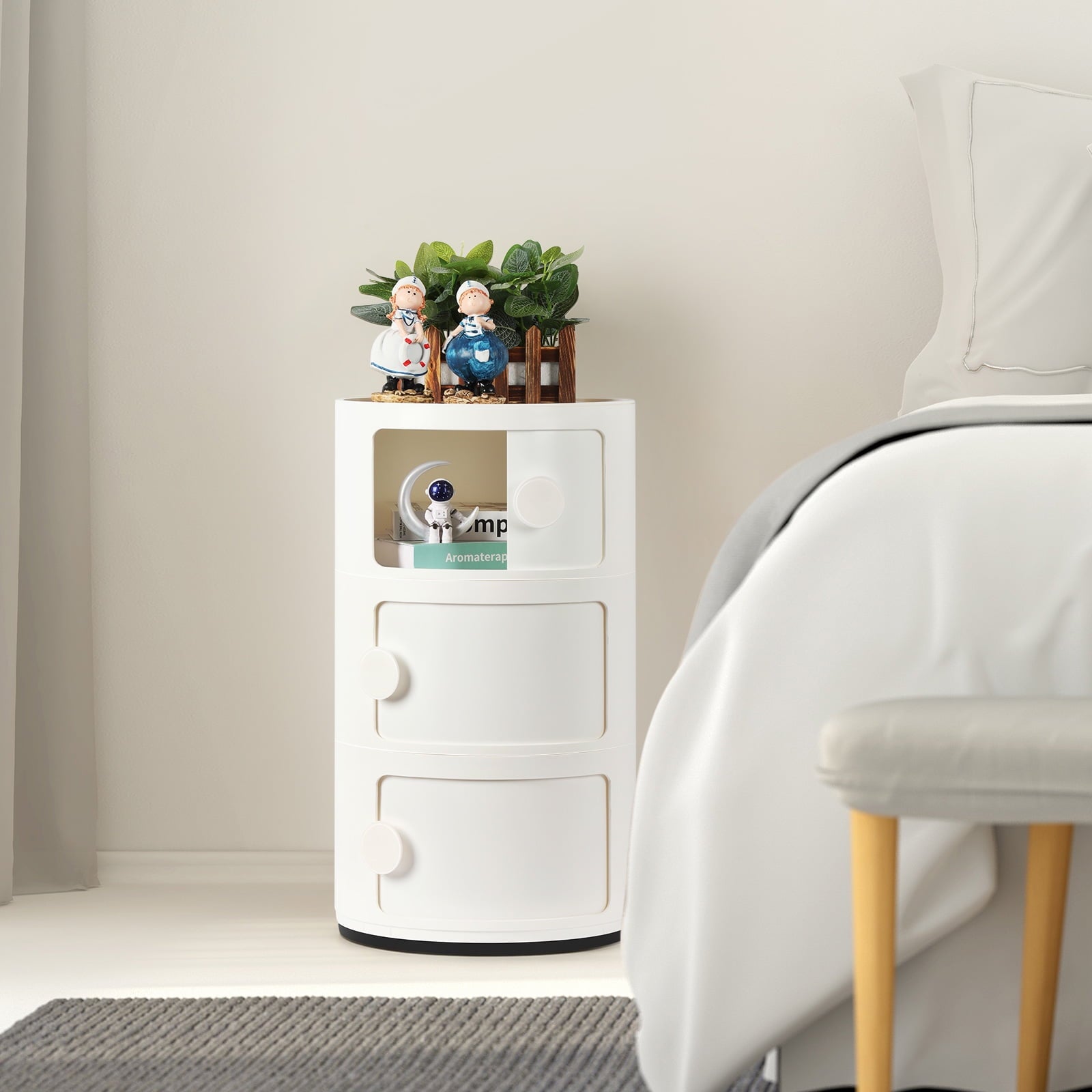 3 Drawer Sliding Barrel Modern Bedroom Nightstand, White
