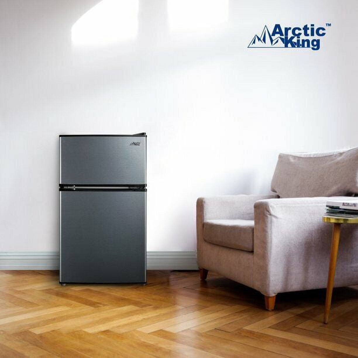 Arctic King 3.2 Cu Ft Two Door Compact Refrigerator Freezer Stainless Steel, NEW