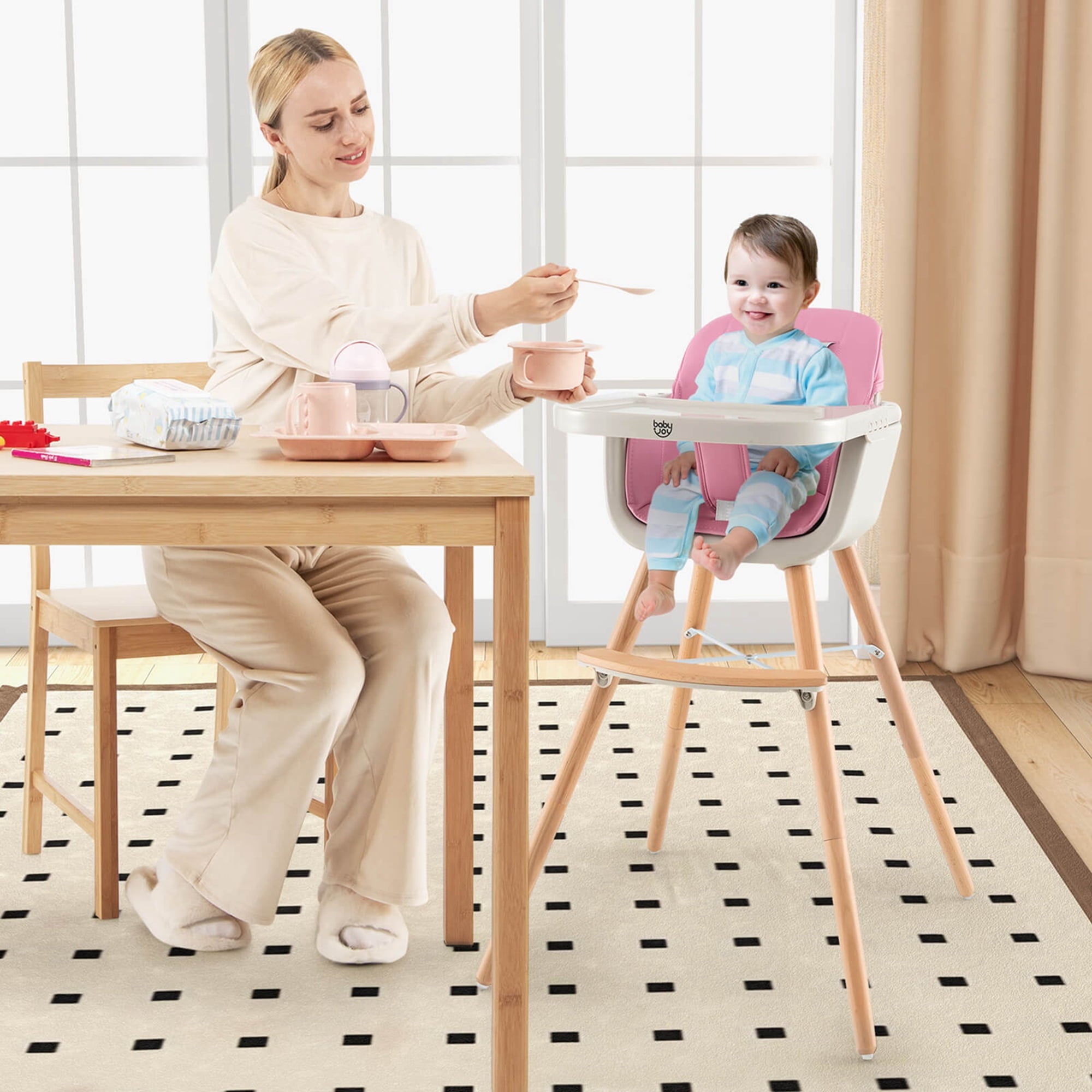 Babyjoy 3 in 1 Convertible Wooden High Chair Toddler Feeding Chair with Cushion Beige