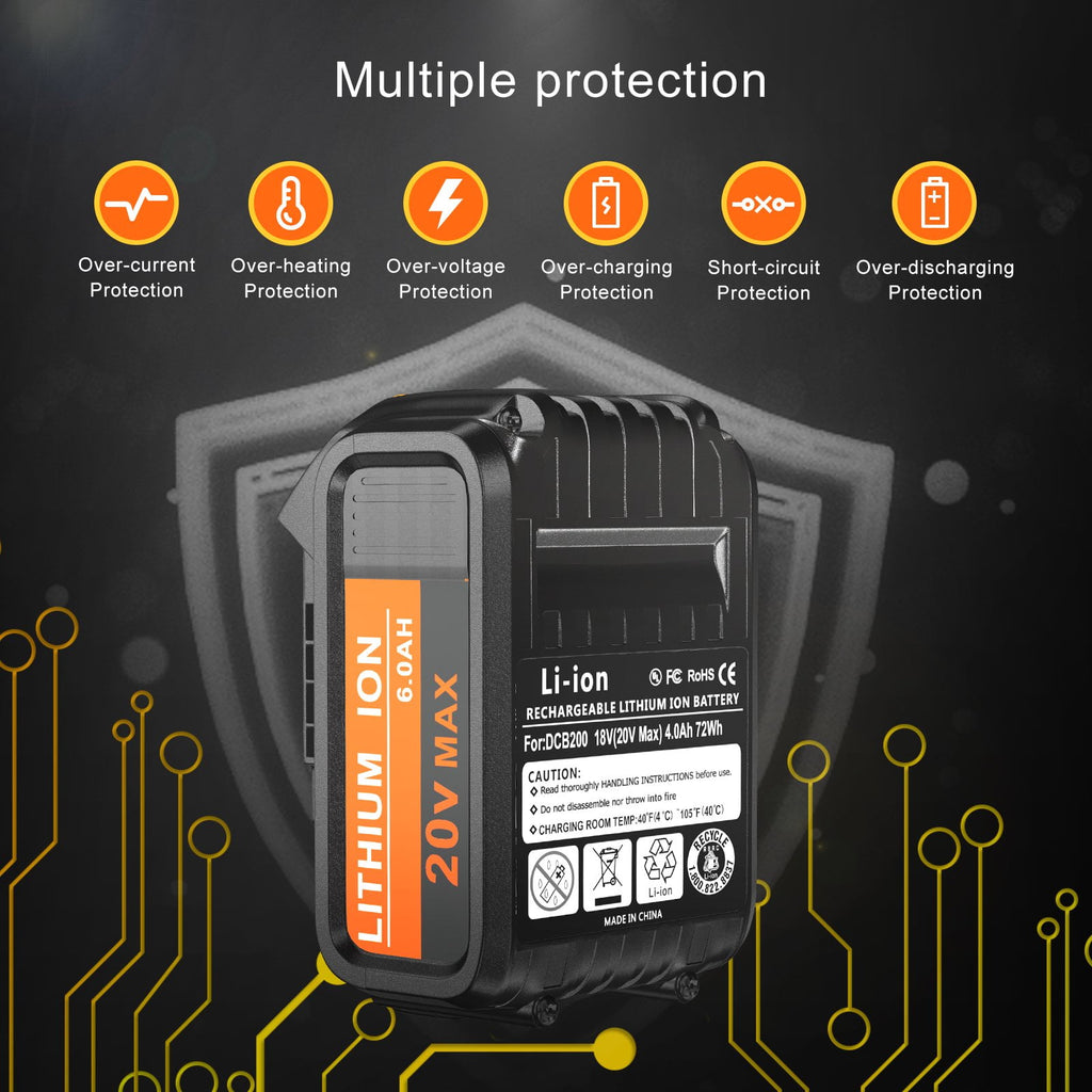 2 Pack DCB200 20V 6.0Ah Battery Replacement for Dewalt 20V Battery DCB206 DCB205 DCB204