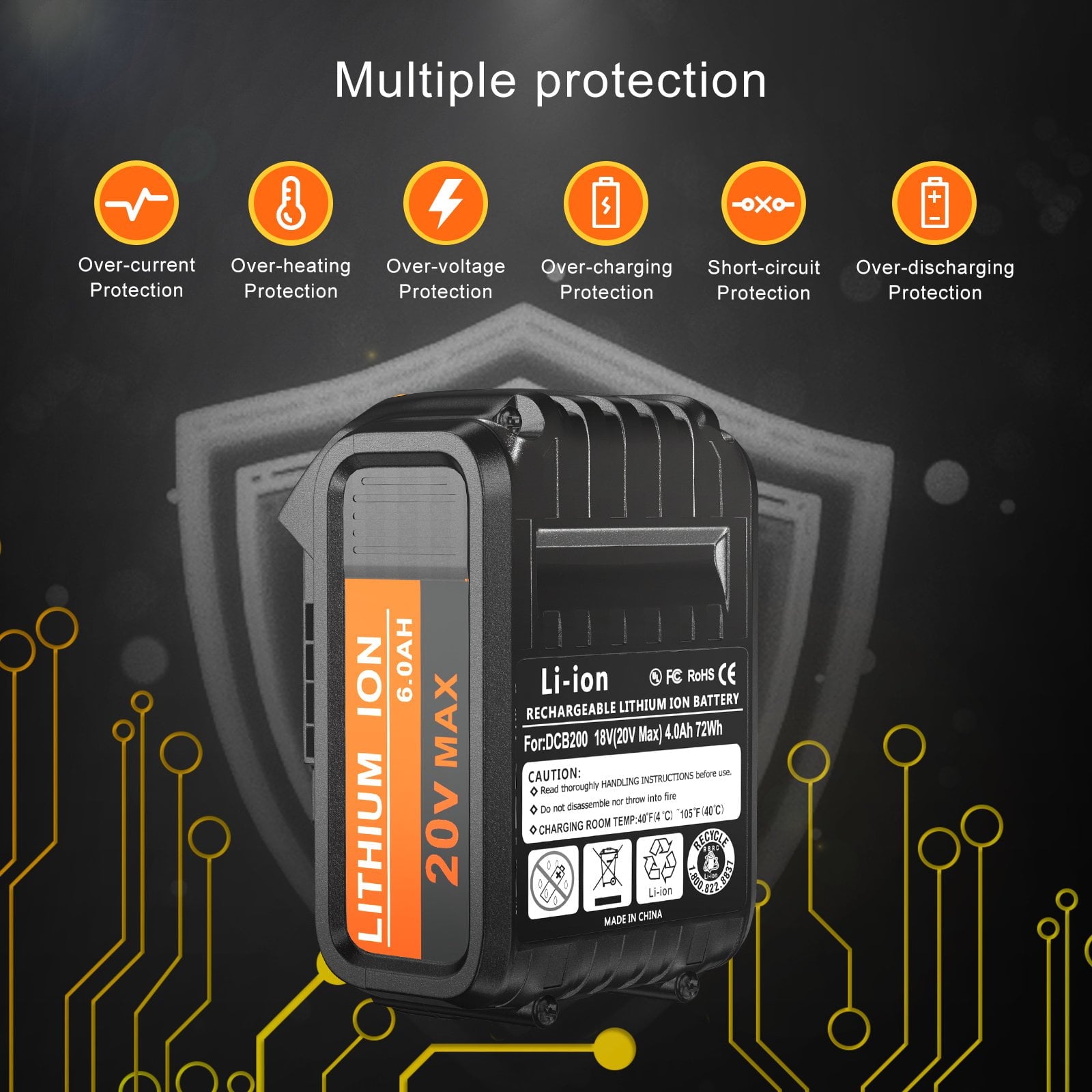 2 Pack DCB200 20V 6.0Ah Battery Replacement for Dewalt 20V Battery DCB206 DCB205 DCB204