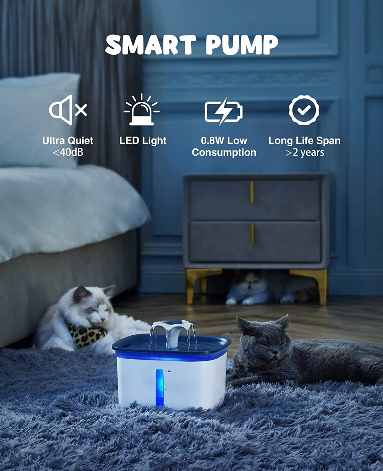 95oz/2.8L Pet Fountain, Cat Dog Water Fountain Dispenser, Automatic Electric Cat Water Bowl with Smart Pump,Blue