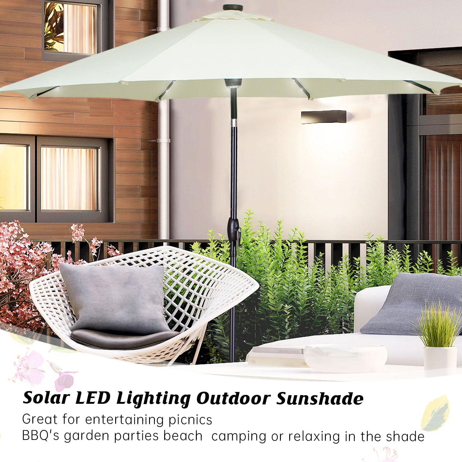 Autlaycil 10 ft Solar Patio Umbrellas with 40 LED lights for Market Outdoor Pool, Steel Tilt Crank, Navy Blue