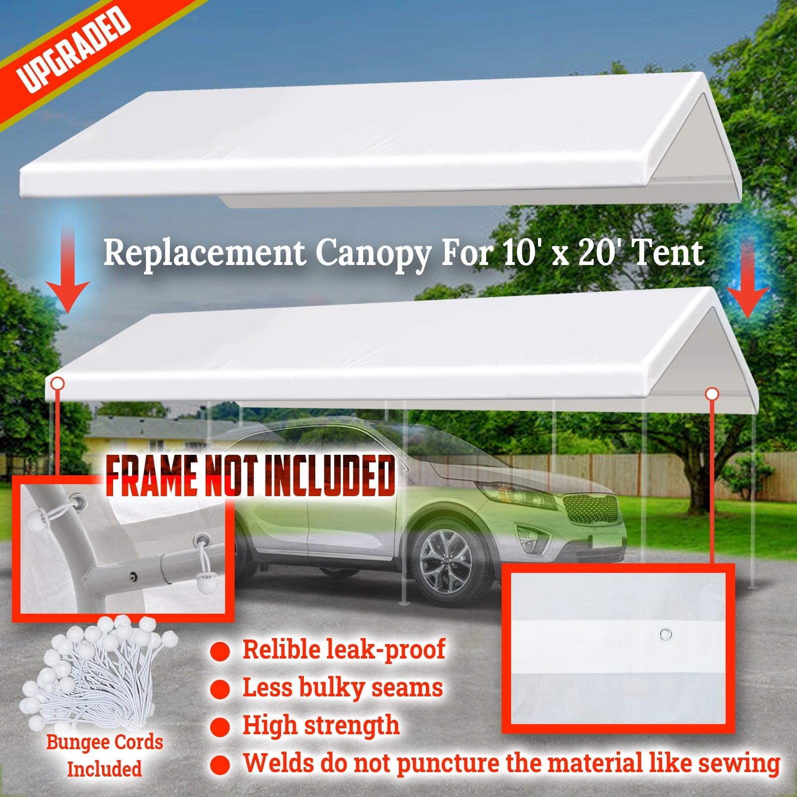 10'x20' Carport Replacement Canopy Cover for Tent Top Garage Shelter Cover with Ball Bungees (Only Cover, Frame is not Included)