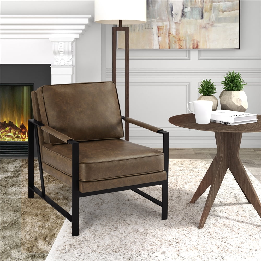 Alden Design Mid-Century Modern Accent Chair with Metal Frame, Brown Faux Leather