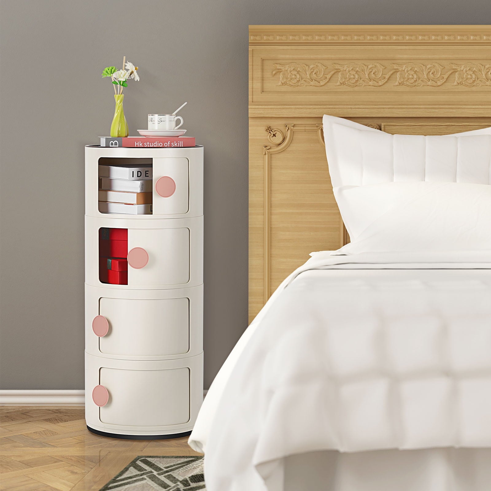 3 Drawer Sliding Barrel Modern Bedroom Nightstand, White