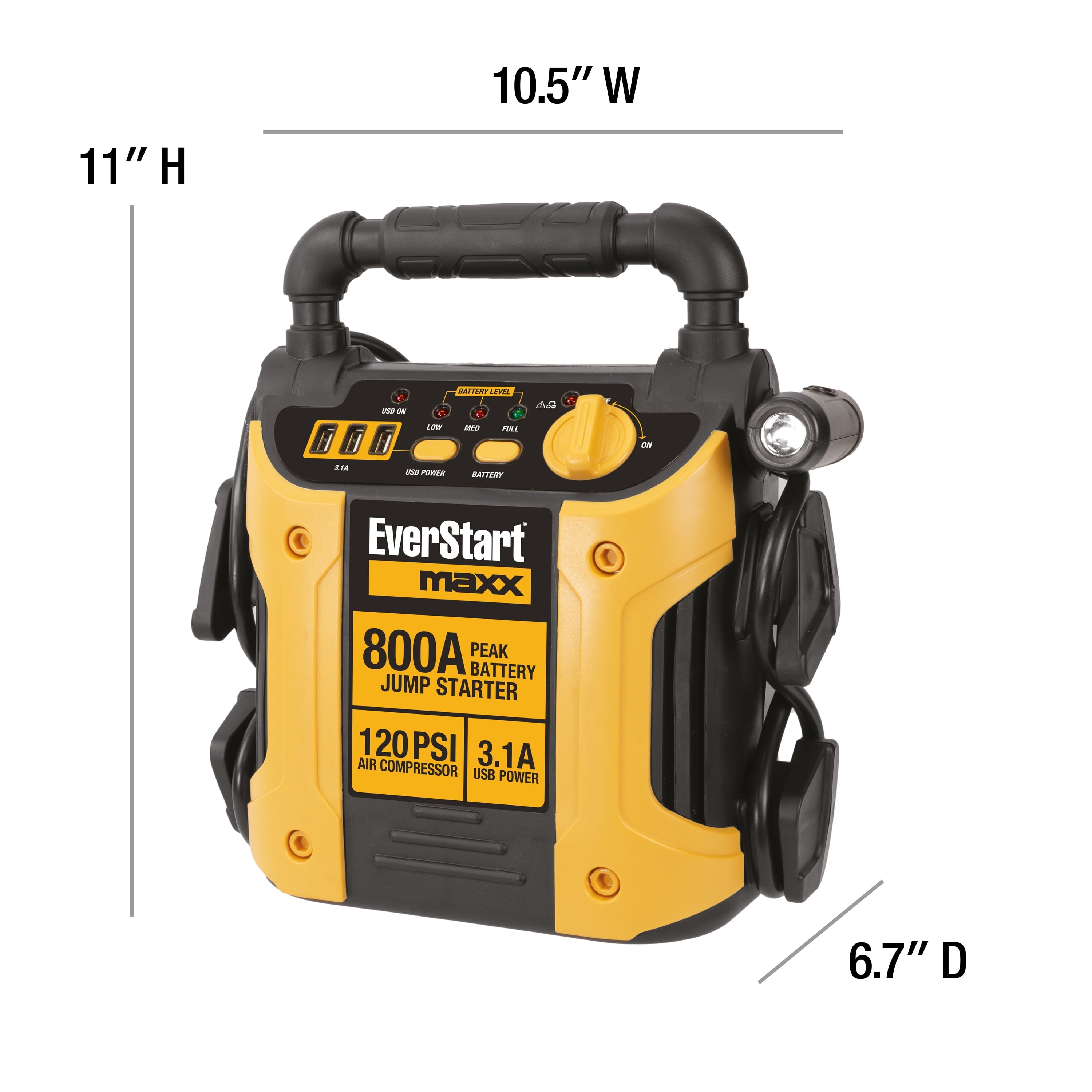 800 Peak Amp Jump Starter w/ 120 PSI Compressor, pivoting LED light, 3X USB ports