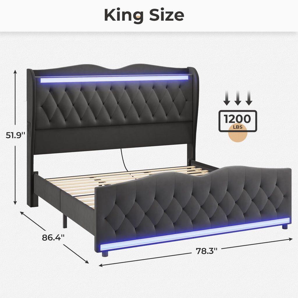 Afuhokles LED Bed Frame King Size with Tall Storage Headboard Footboard, Charging Station, Velvet Upholstered Platform Bed, Gray