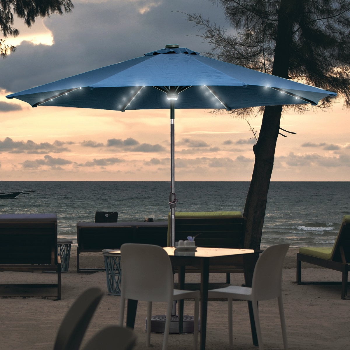 Autlaycil 10 ft Solar Patio Umbrellas with 40 LED lights for Market Outdoor Pool, Steel Tilt Crank, Navy Blue