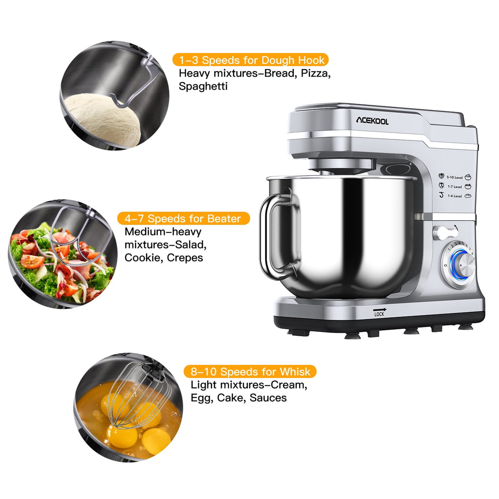 Acekool Stand Mixer, 7.5Qt 10 Speed 660W Tilt Head Electric Food Mixer