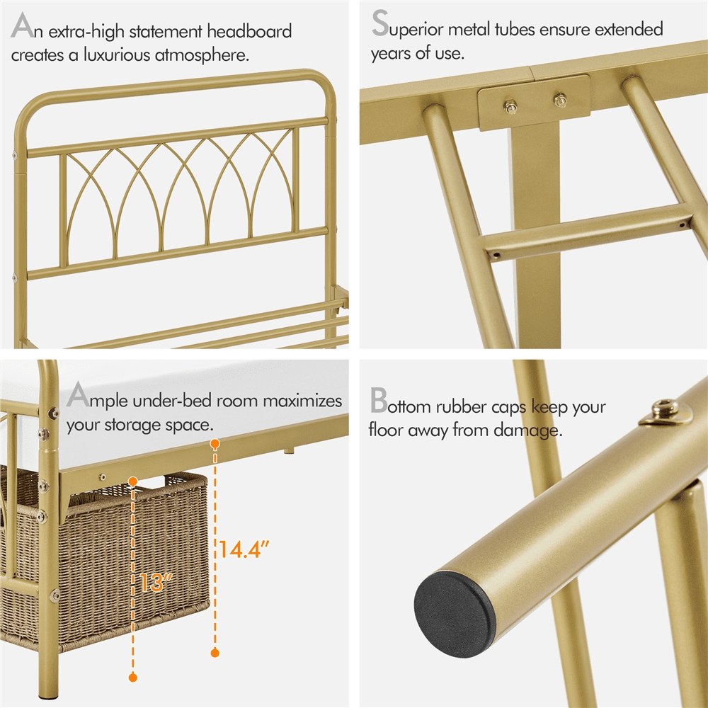 Alden Design Metal Platform Bed Frame with Headboard and Footboard, Twin, Antique Gold