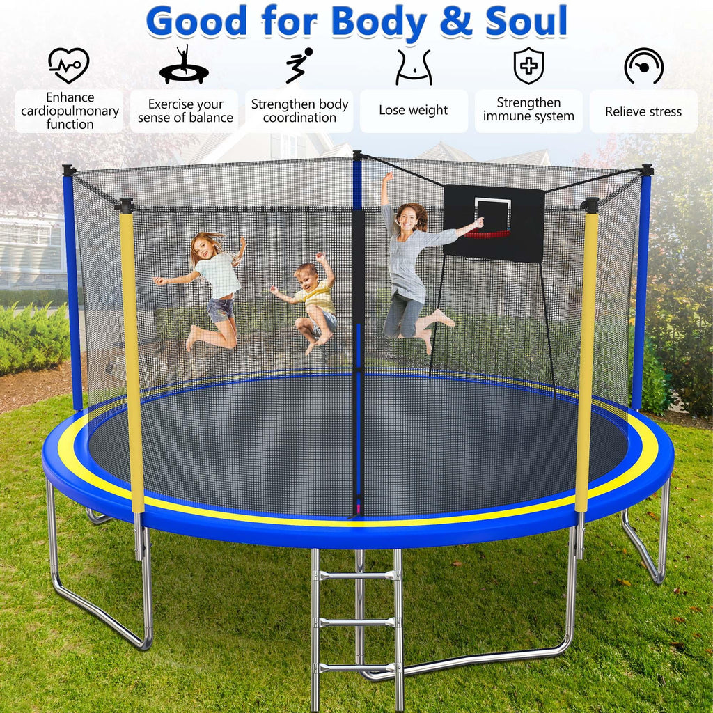 14ft Trampoline with Basketball Hoop, SEGMART Upgraded Round Kids Outdoor Trampoline with Enclosure, Heavy-Duty Backyard Trampoline for Adults and Kids, Blue