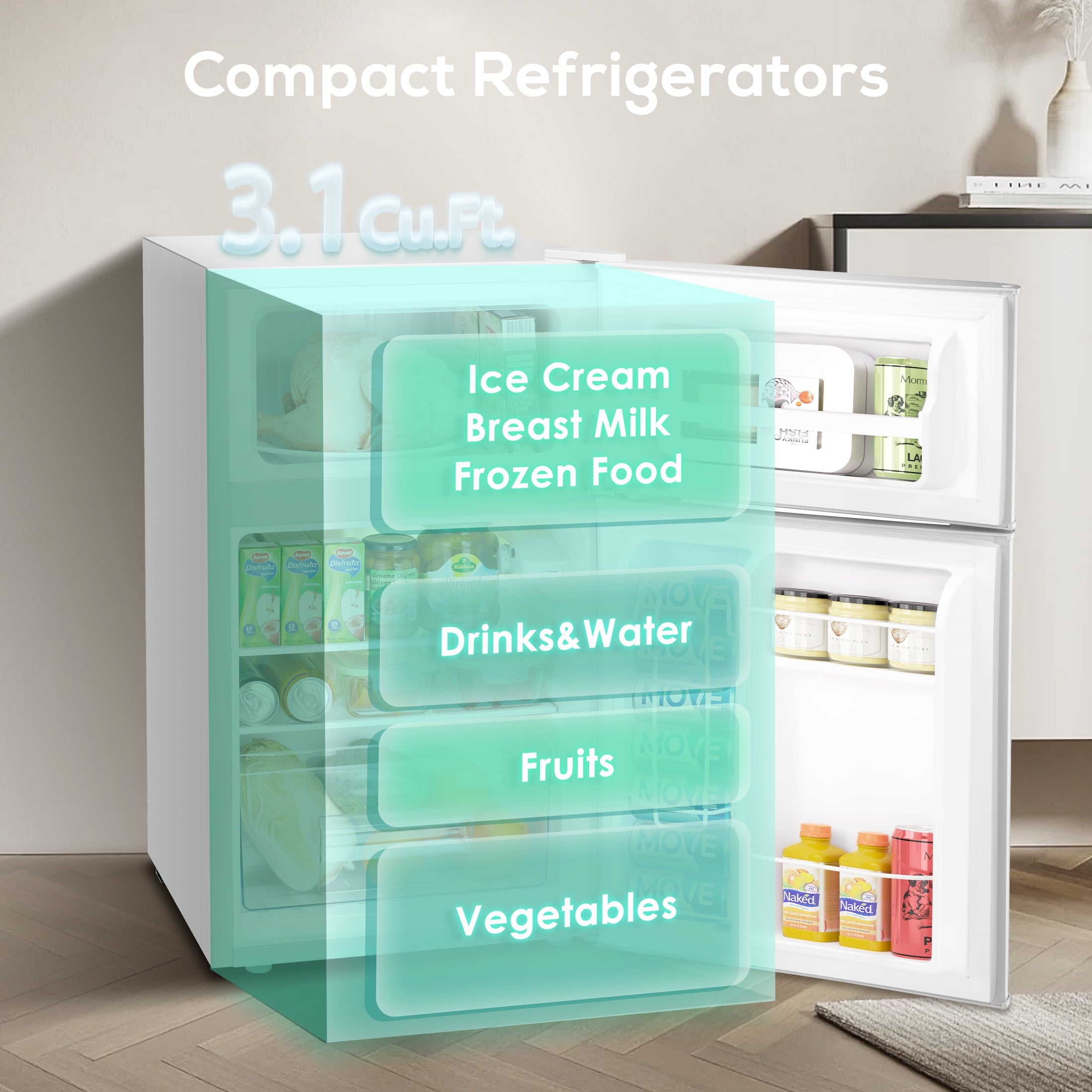 Auseo 3.1 Cu.Ft Double Door Mini Fridge with Freezer, Compact Retro Refrigerator for Dorm, Office, Bar, Bedroom, Black