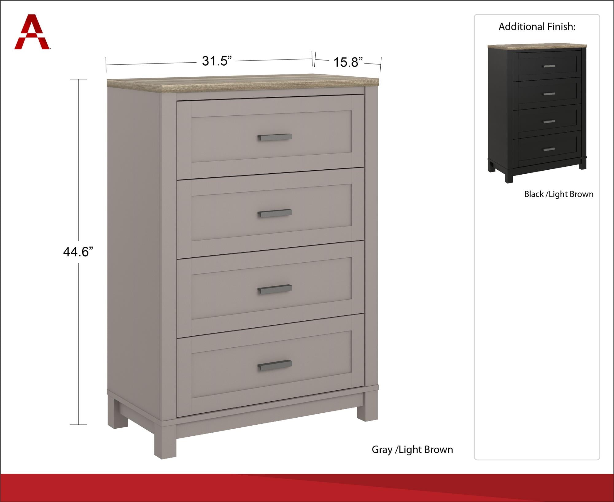 Ameriwood Home Lennon Tall 5 Drawer Dresser, Medium Brown and Faux Rattan