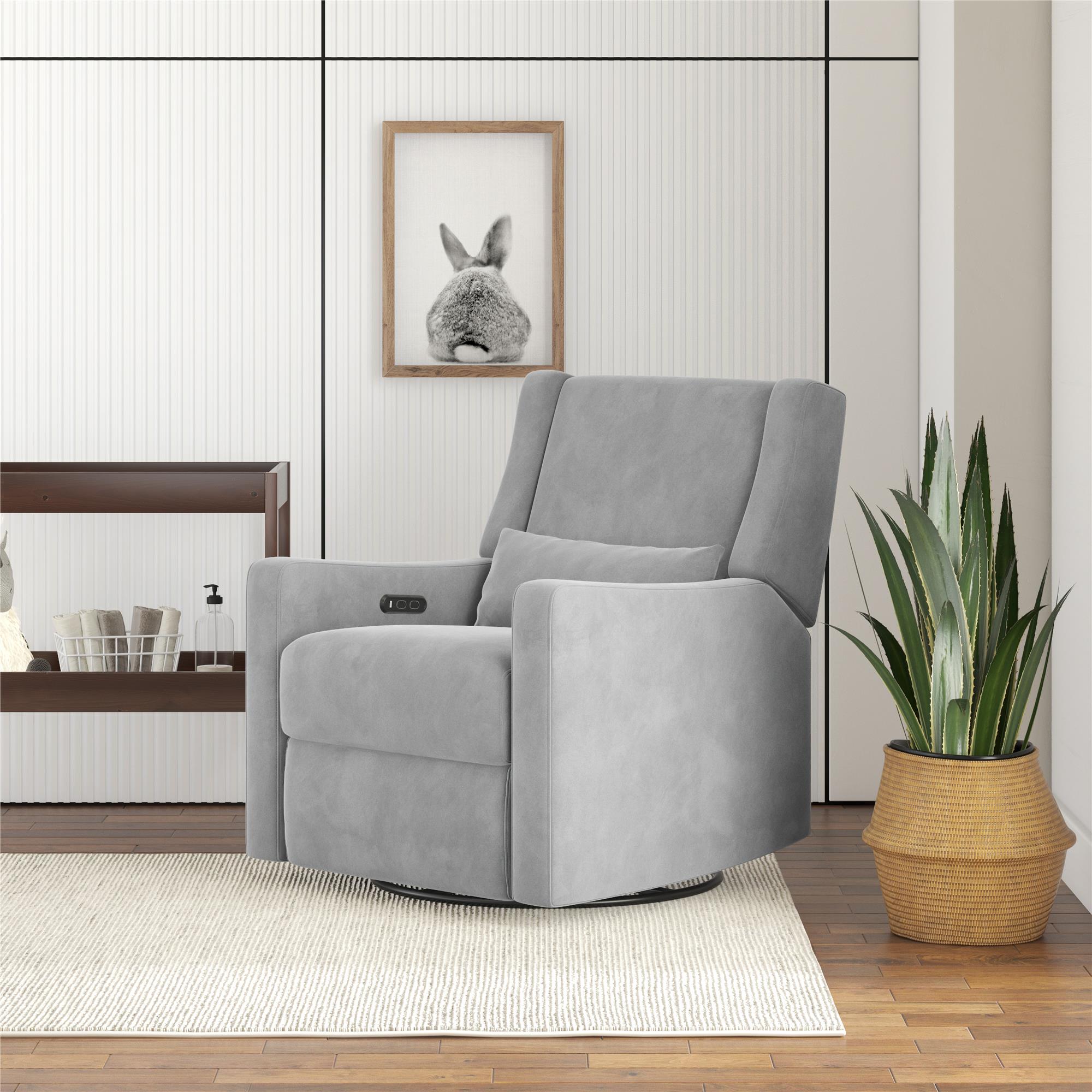 Baby Relax Otto 4-in-1 Nursery Swivel Glider Rocker Power Recliner with USB Ports, Gray Velvet