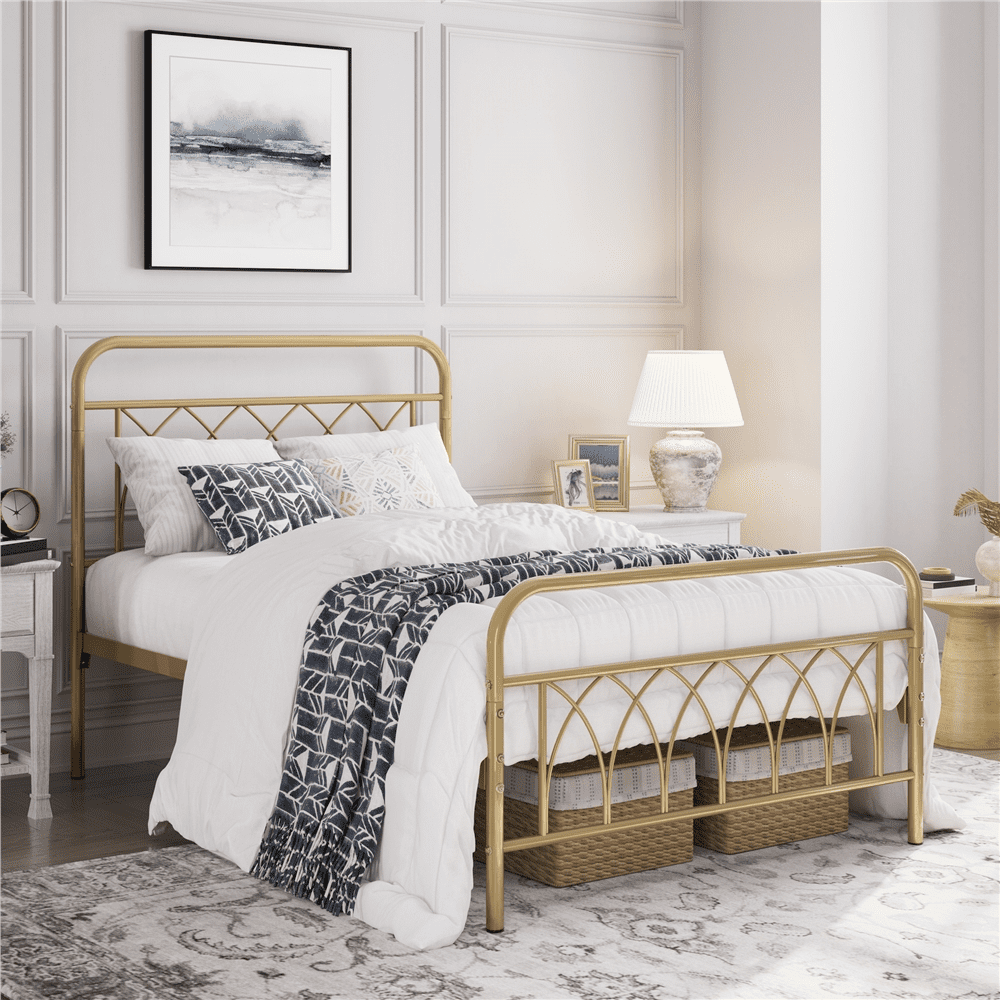 Alden Design Metal Platform Bed Frame with Headboard and Footboard, Twin, Antique Gold