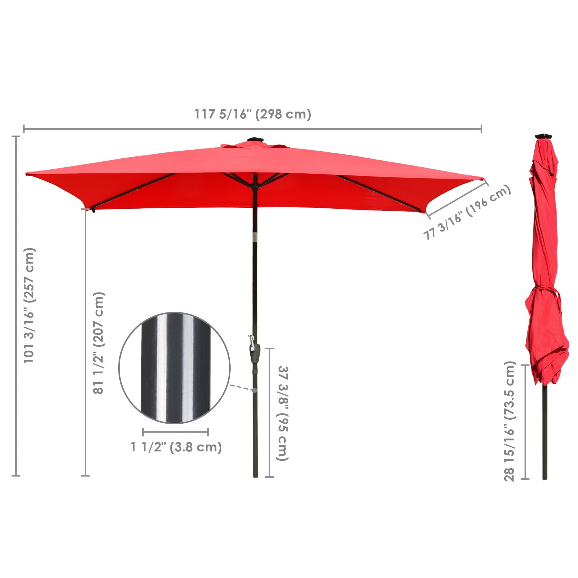 10x6.5ft Rectangle Outdoor Patio Beach Market Aluminium Umbrella Sun Shade Solar Powered Led Light Crank Tilt (Red)