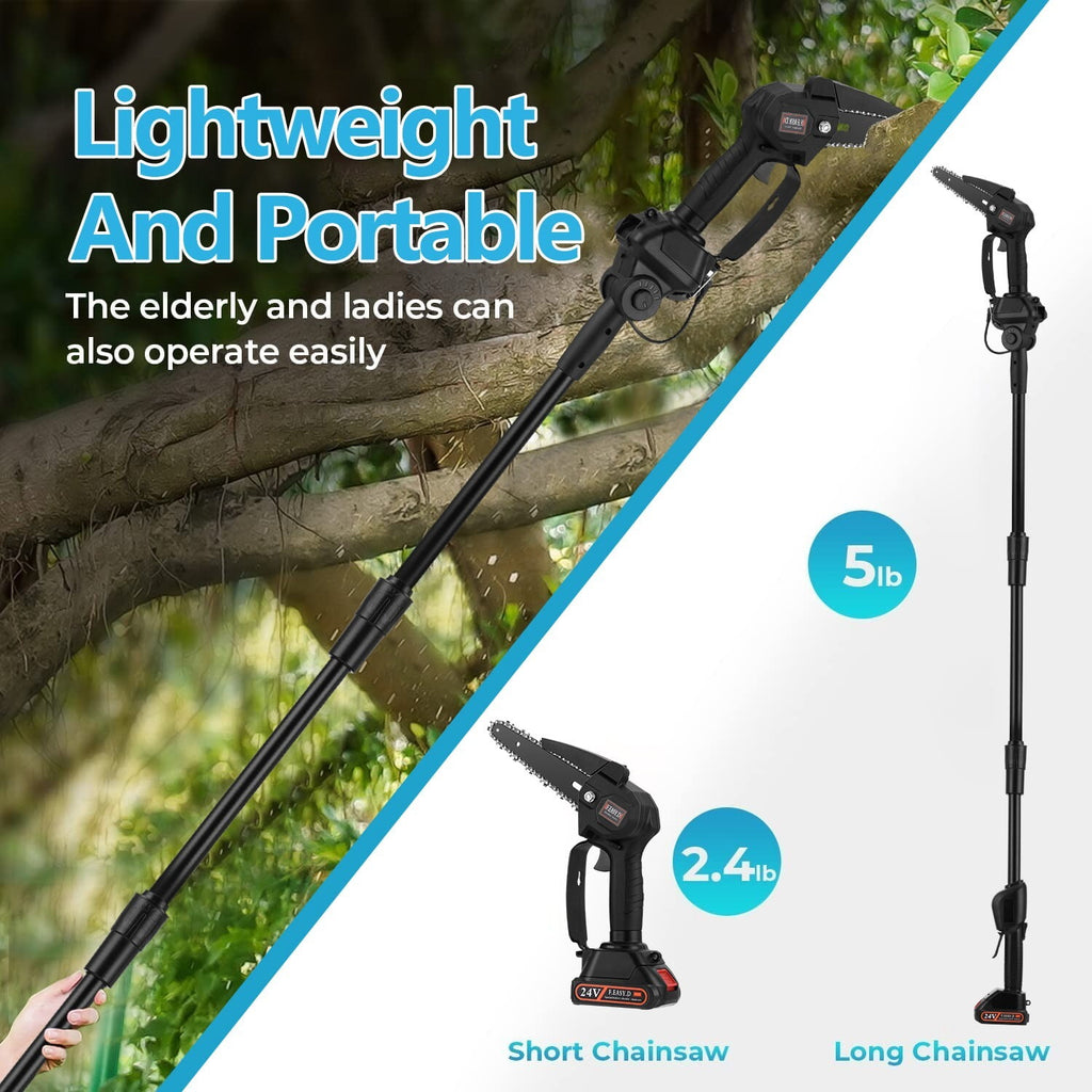 2-in-1 Cordless Pole Saw, Mini Chainsaw & Cordless Pole Saw 6inch 4inch, with Retractable Extension Rod Max Length 6 Feet, with 2 Replaceable 24V Batteries for Tree Trimming