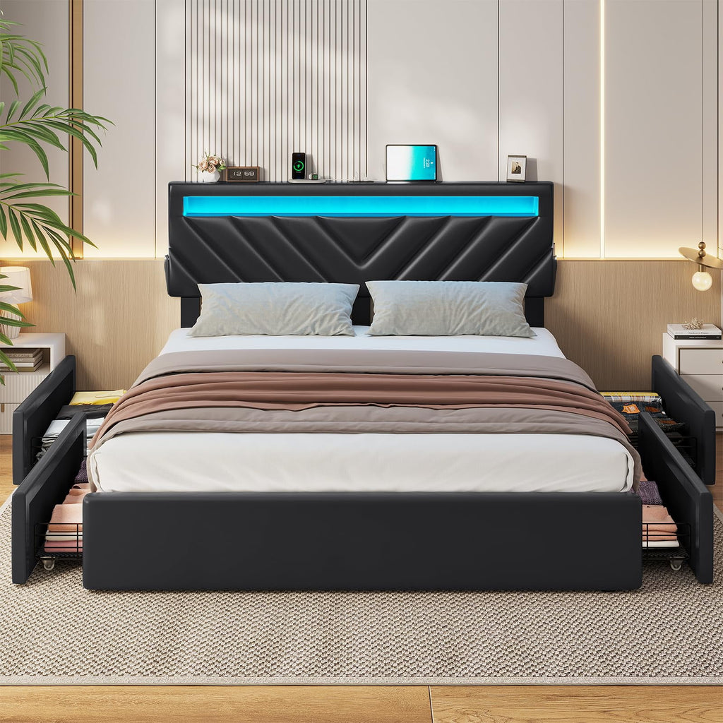 Afuhokles Queen Bed Frame with LED Lights Headboard, 4 Drawers,2 USB Charging Station, Upholstered Platform Bed, Dark Gray