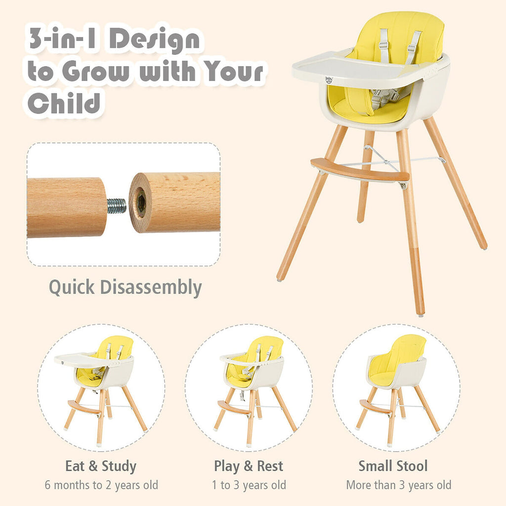 Babyjoy 3 in 1 Convertible Wooden High Chair Toddler Feeding Chair with Cushion Beige