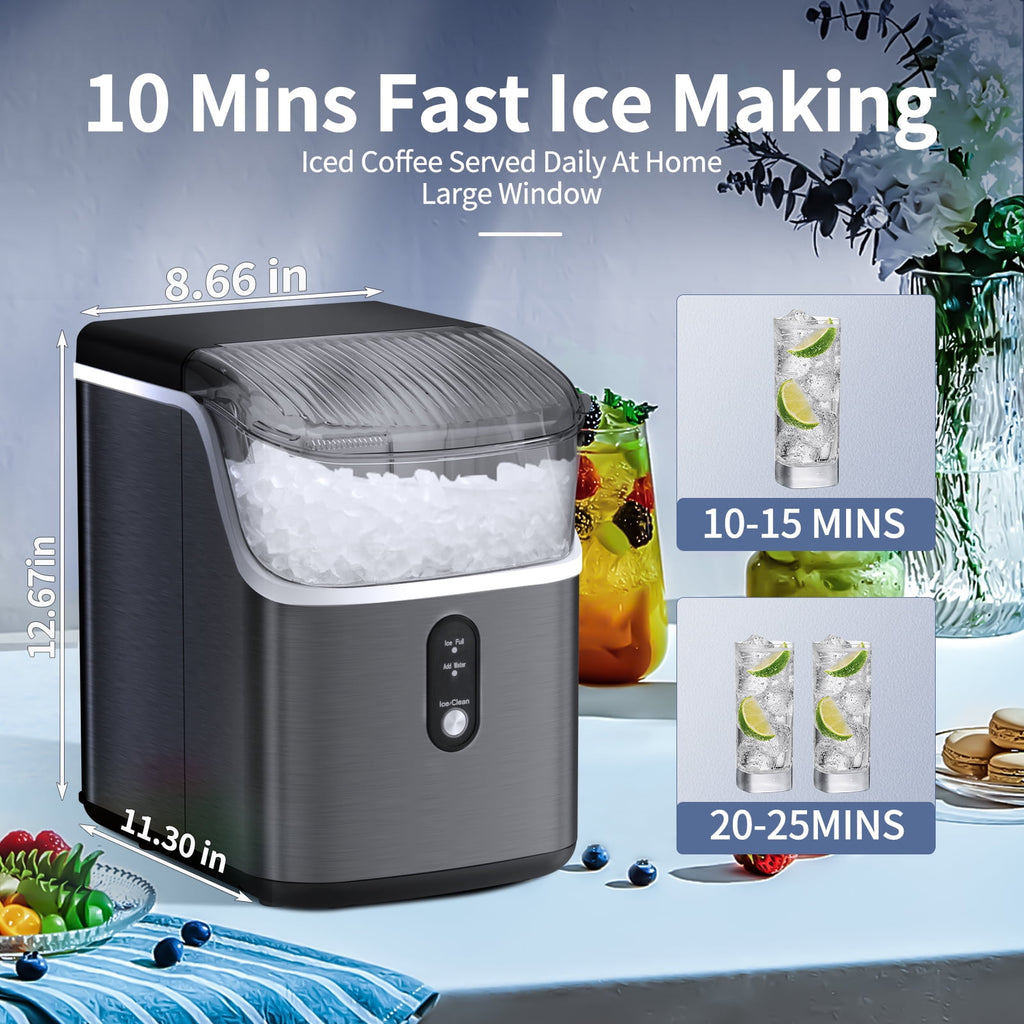 Auseo Nugget Ice Maker Countertop, Portable Ice Maker Machine with Self-Cleaning Function, 33lbs/24H, Easy Operation, Pellet Ice Maker for Home/Kitchen/Office/Party-Stainless Silver