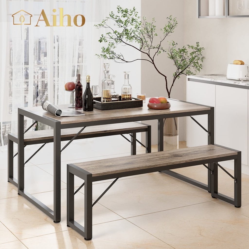 Aiho 45.5" Dining Table Set for 4, Kitchen Table with 1 Table & 2 Benches, Dining Room Set for Small Spaces - Gray