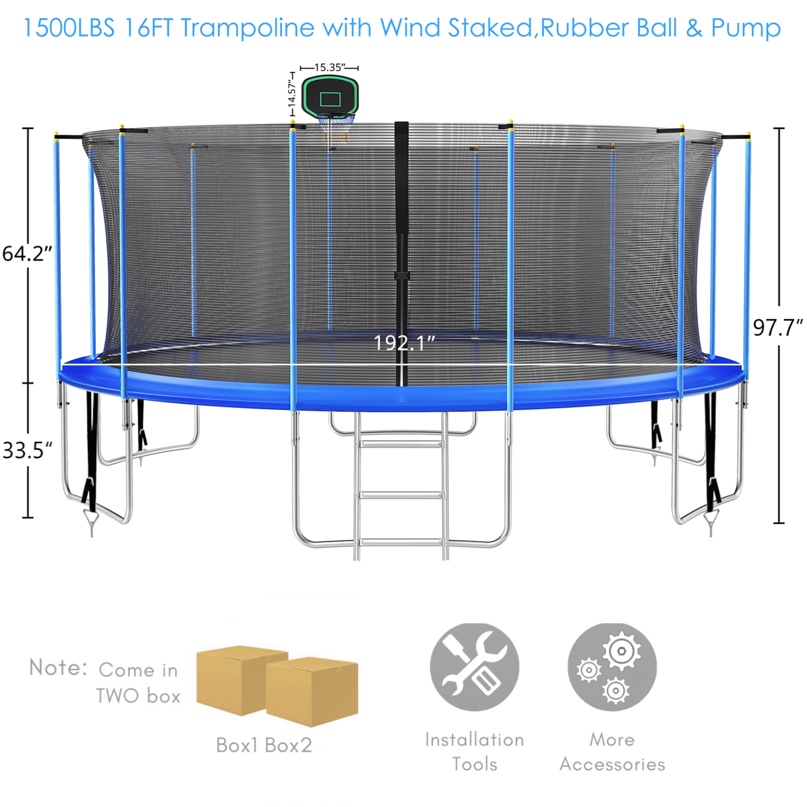16FT Trampoline for 8-9 Kids Adults with Basketball Hoop, Ladder, Light, Sprinkler, Socks, Outdoor Heavy Duty Recreational Trampoline