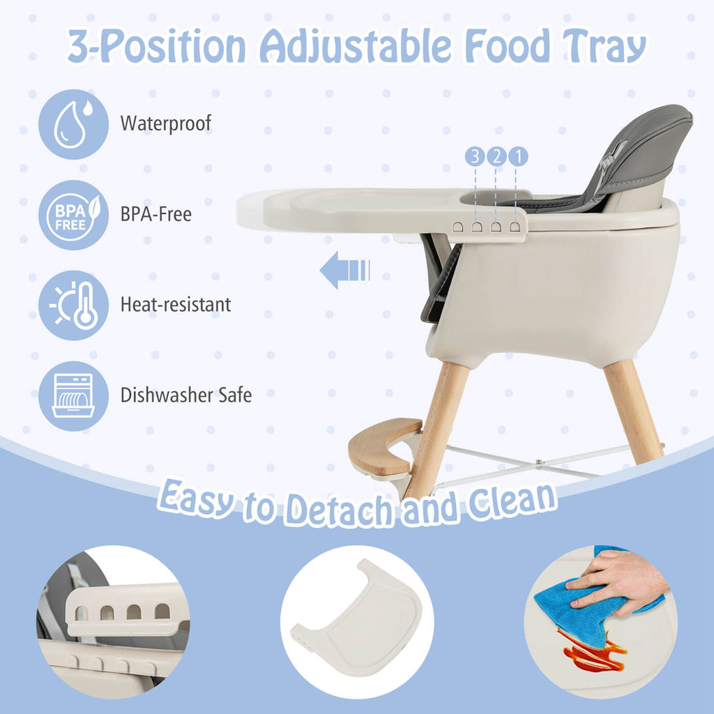 Babyjoy 3 in 1 Convertible Wooden High Chair Toddler Feeding Chair with Cushion Beige