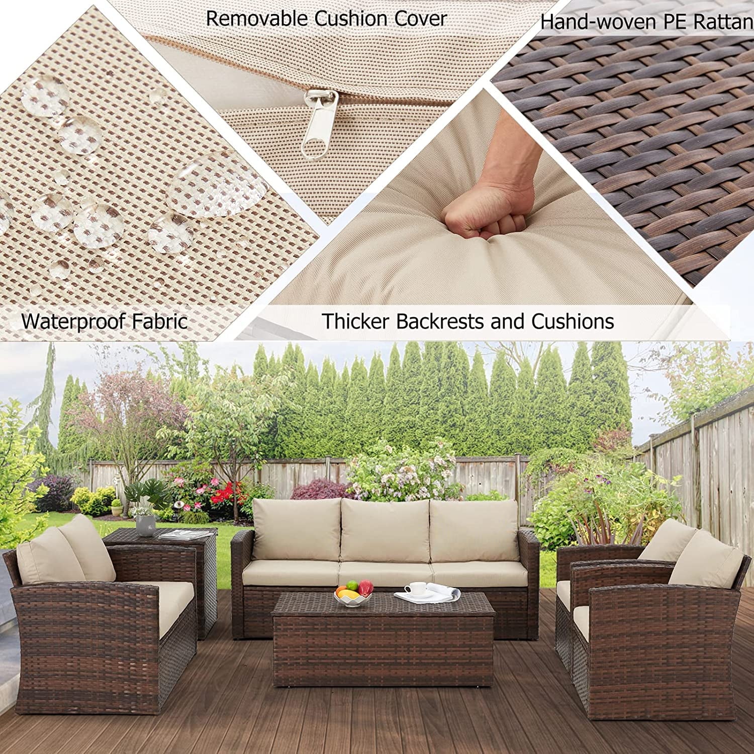 AECOJOY 6 Pieces Outdoor Furniture Set , Patio Rattan Wicker Sectional Sofa Conversation Set, Beige