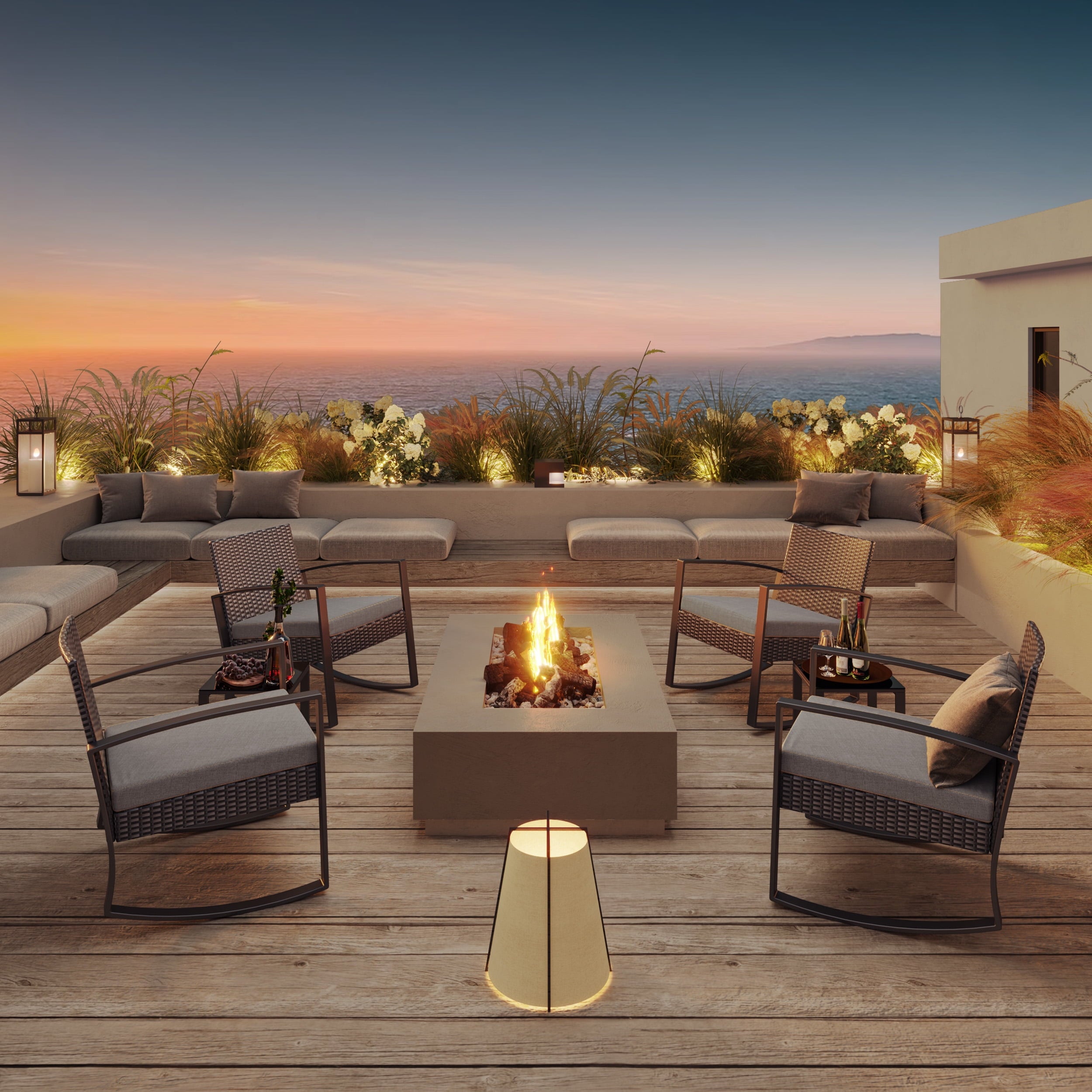 3 Piece Patio Bistro Set, Outdoor Furniture Rocking Chair Set with Glass Table, Beige Cushion