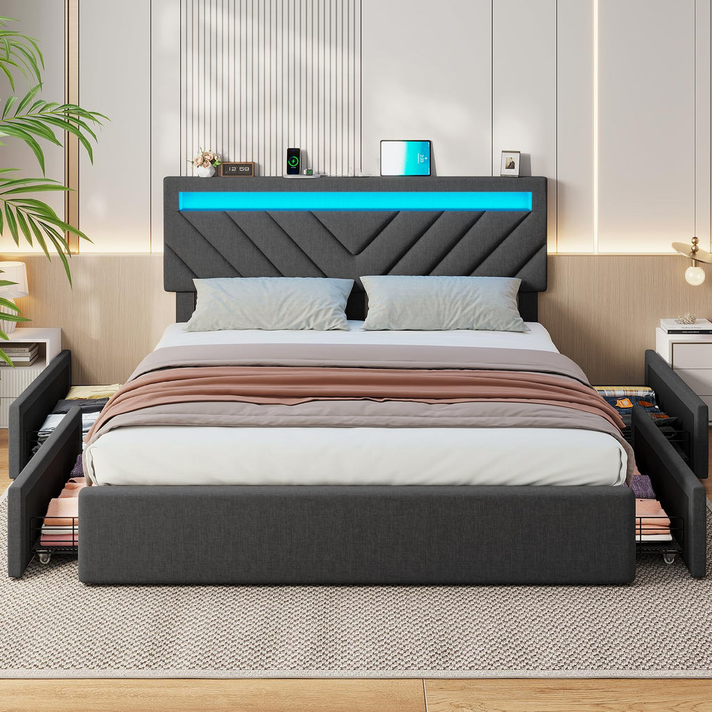 Afuhokles Queen Bed Frame with LED Lights Headboard, 4 Drawers,2 USB Charging Station, Upholstered Platform Bed, Dark Gray