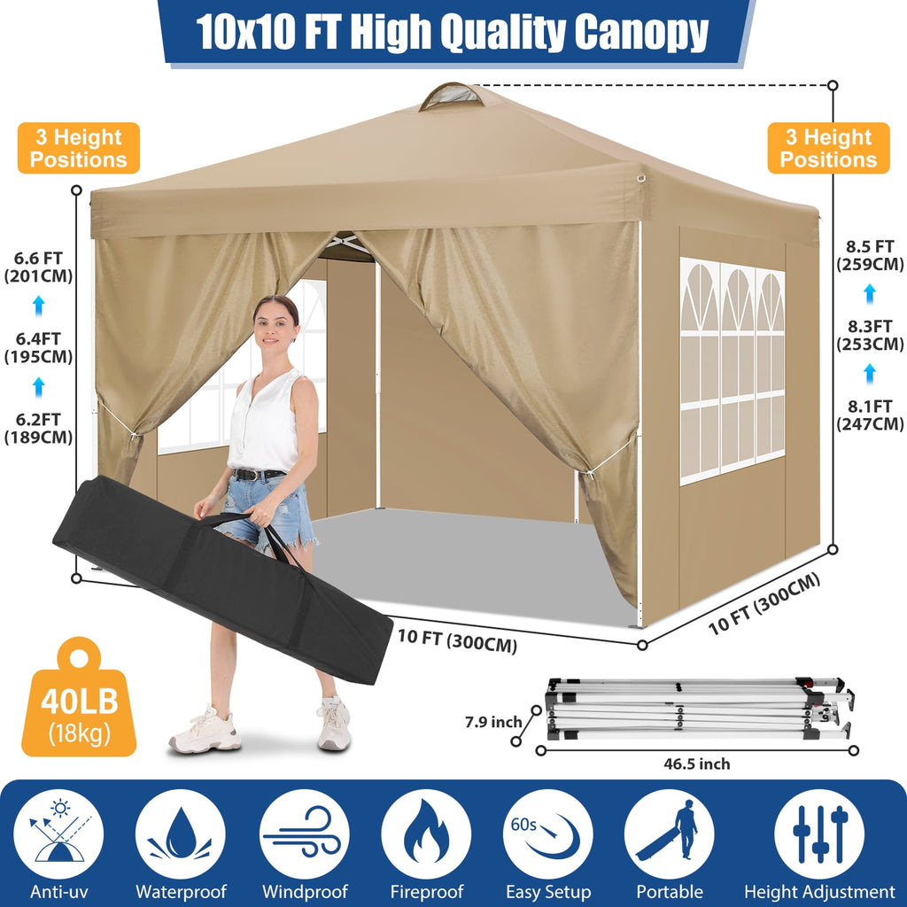 10'x10' EZ Pop Up Canopy with Top Vent, Large Commercial Tent, Waterproof and Sunproof with 4 Removable Sidewalls, Suitable for Weddings come with 4 Sandbags (Black)