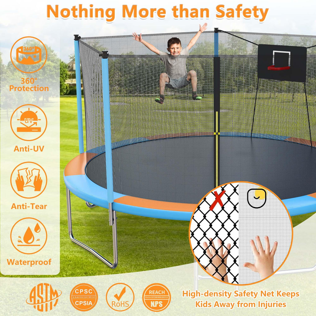14ft Trampoline with Basketball Hoop, SEGMART Upgraded Round Kids Outdoor Trampoline with Enclosure, Heavy-Duty Backyard Trampoline for Adults and Kids, Blue