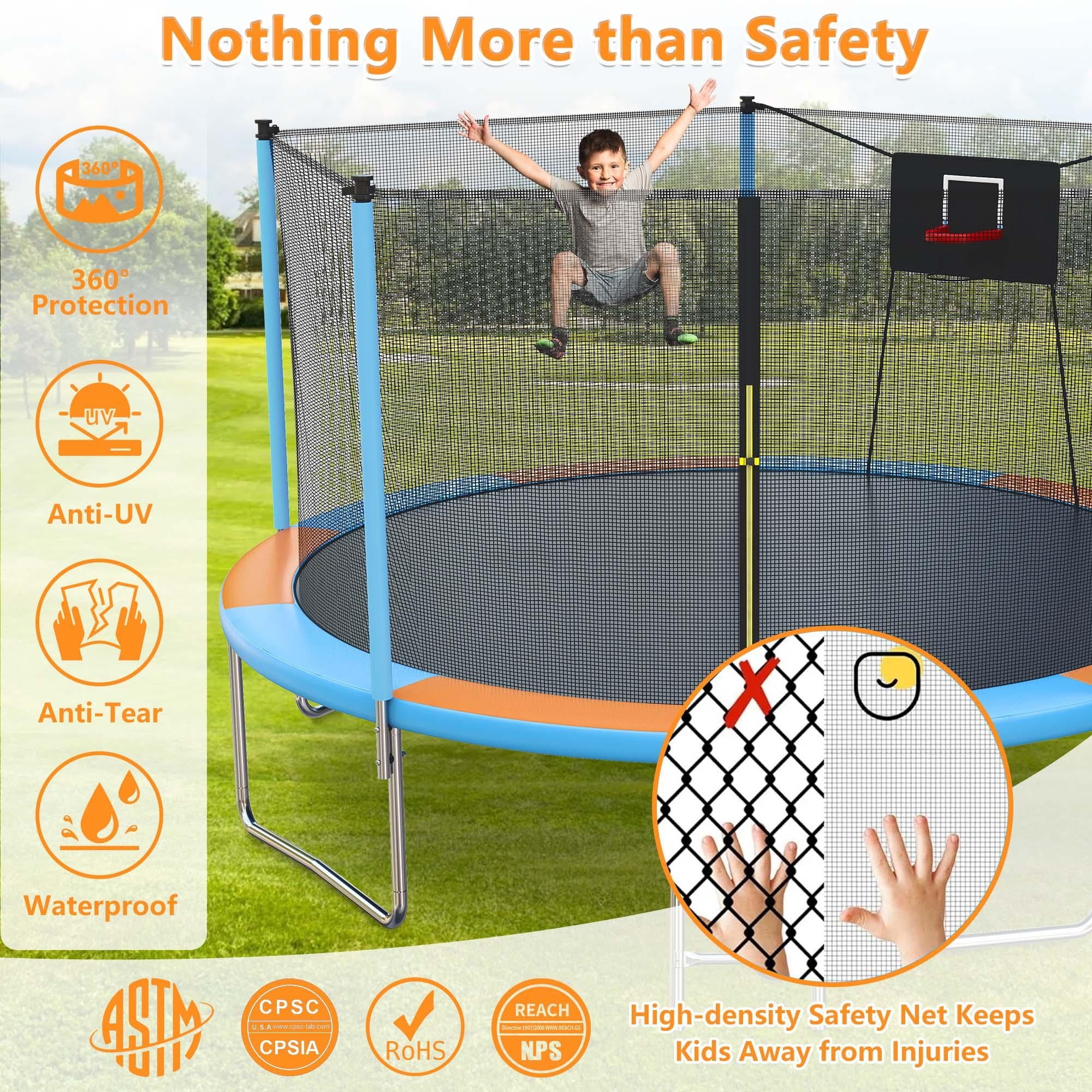 14ft Trampoline with Basketball Hoop, SEGMART Upgraded Round Kids Outdoor Trampoline with Enclosure, Heavy-Duty Backyard Trampoline for Adults and Kids, Blue