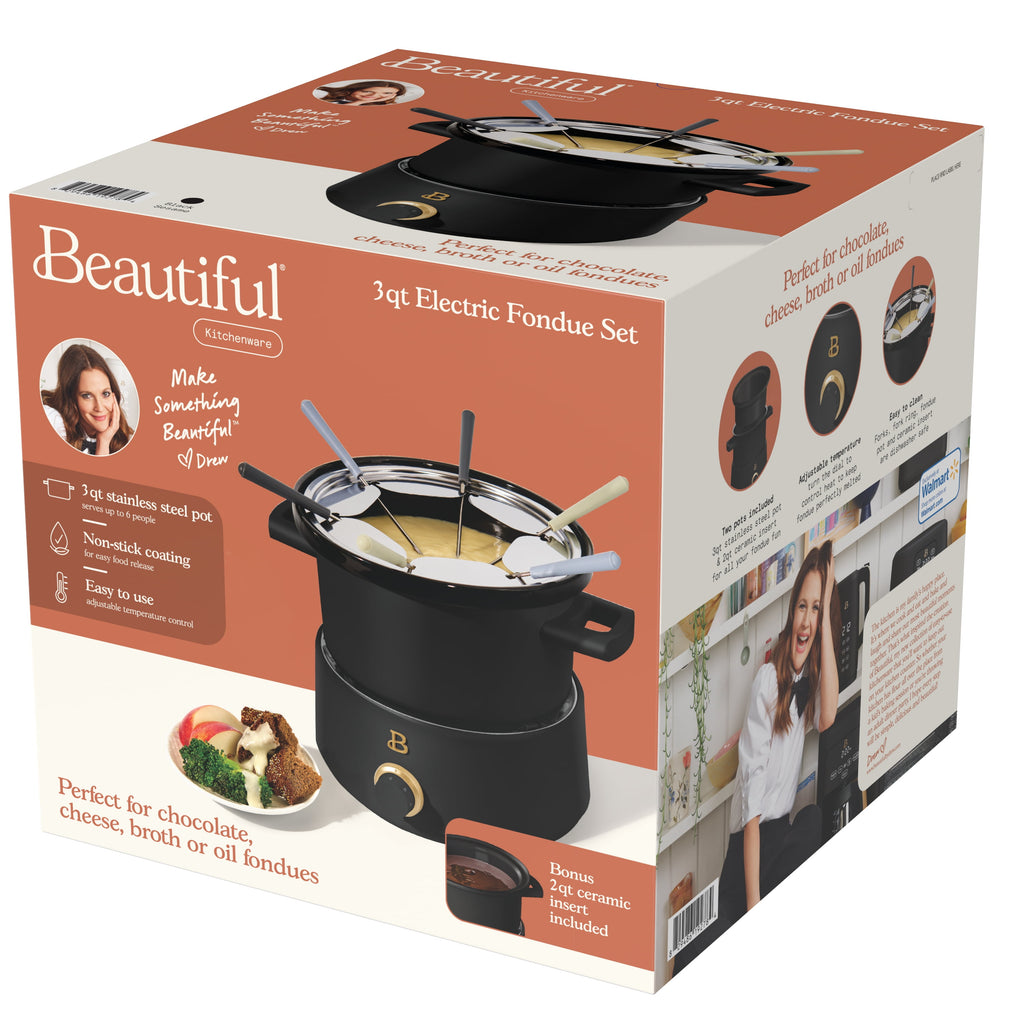 Beautiful 3 Qt Electric Fondue Set with Bonus 2 qt Ceramic Pot, Black Sesame by Drew Barrymore