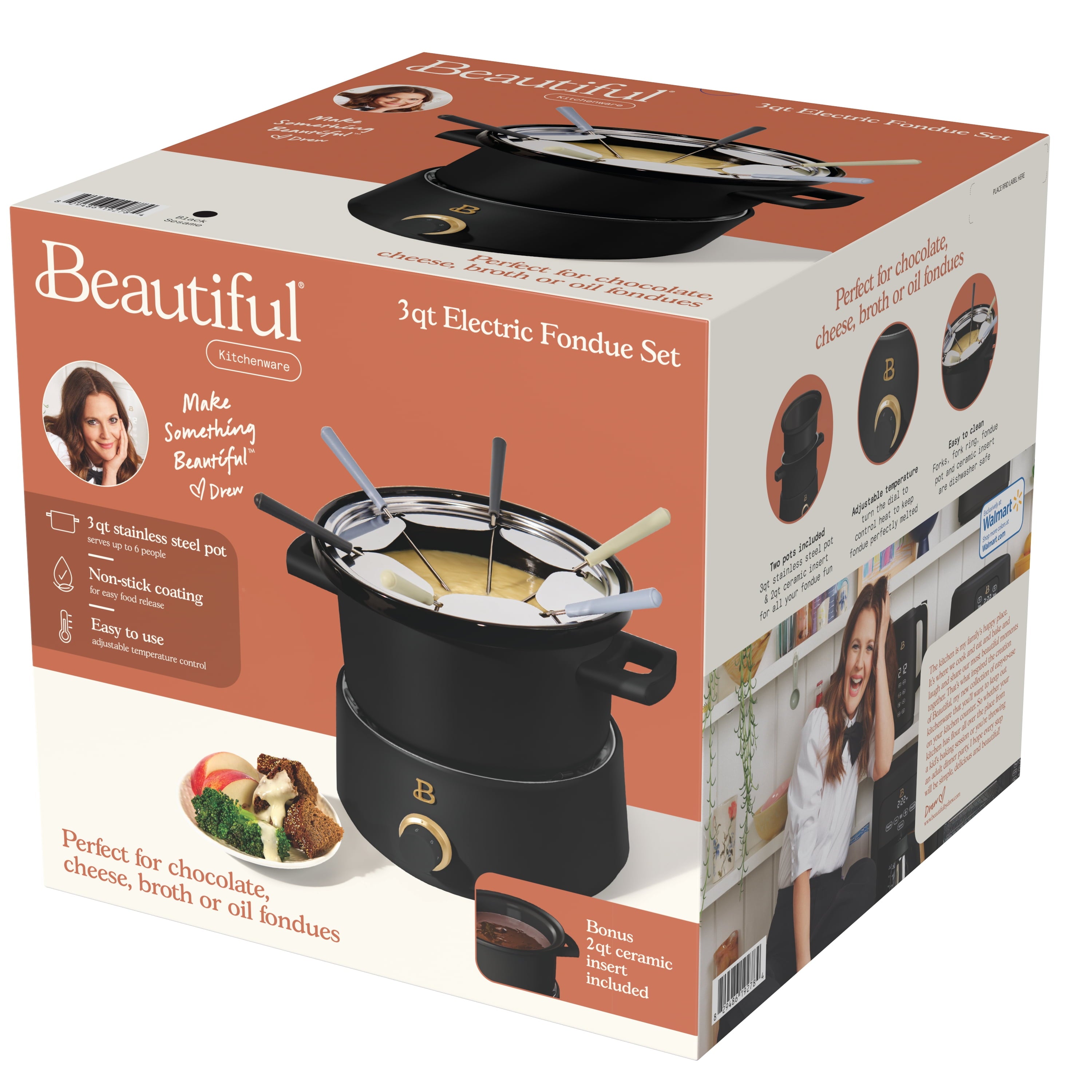 Beautiful 3 Qt Electric Fondue Set with Bonus 2 qt Ceramic Pot, Black Sesame by Drew Barrymore