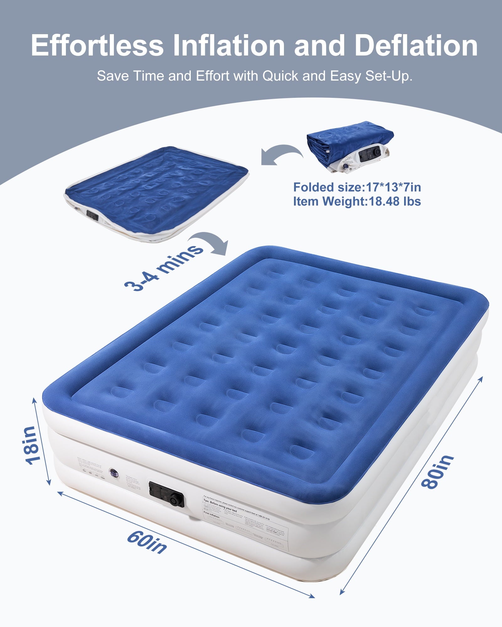 18 inch Queen Size Air Mattress with Built-in-Pump, Inflatable Air Beds, Blow Up Raised Mattresses, Navy Blue