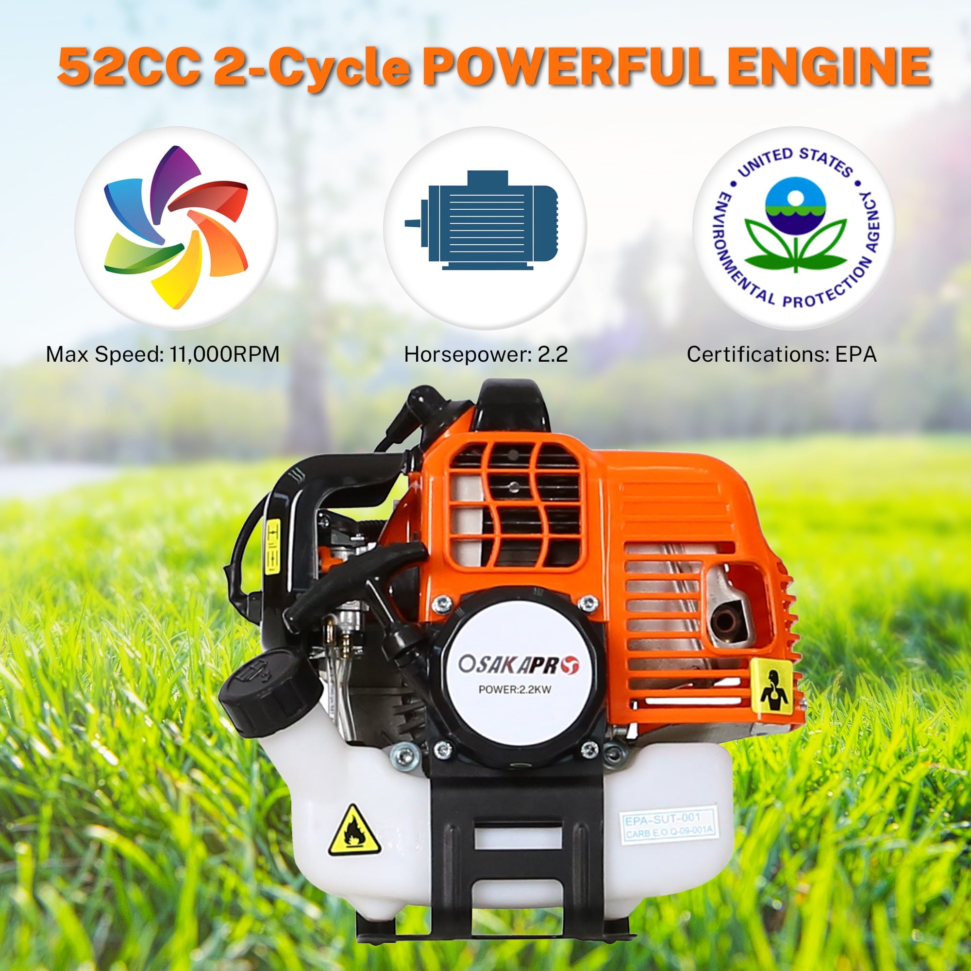 4-IN-1 Gas Weed Eater, Seizeen 52CC 2-Cycle Multi-Functional Grass String Trimmer, Hedge Trimmer, Cordless Brush Cutter, Powerful Pole Saw for Tree Trimming, Orange