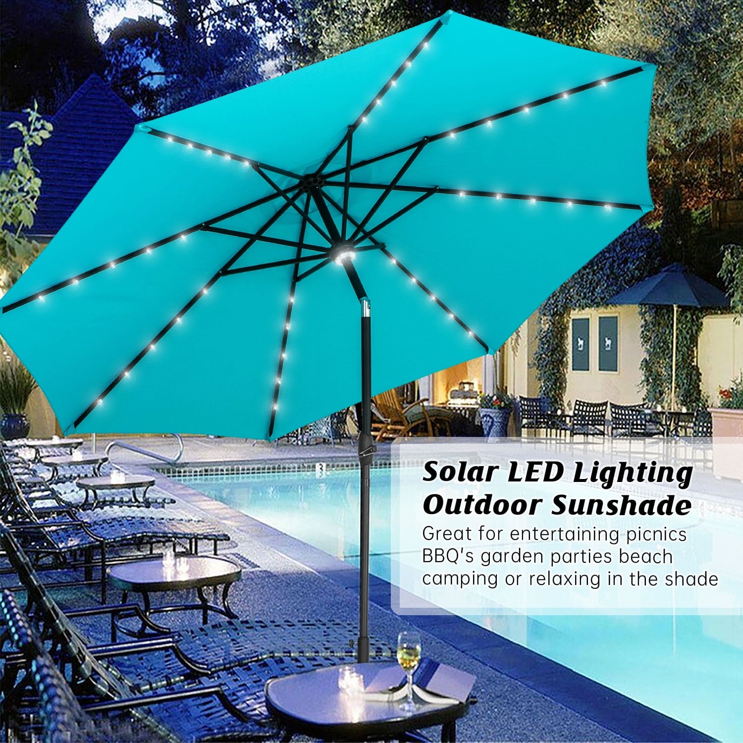 Autlaycil 10 ft Solar Patio Umbrellas with 40 LED lights for Market Outdoor Pool, Steel Tilt Crank, Navy Blue
