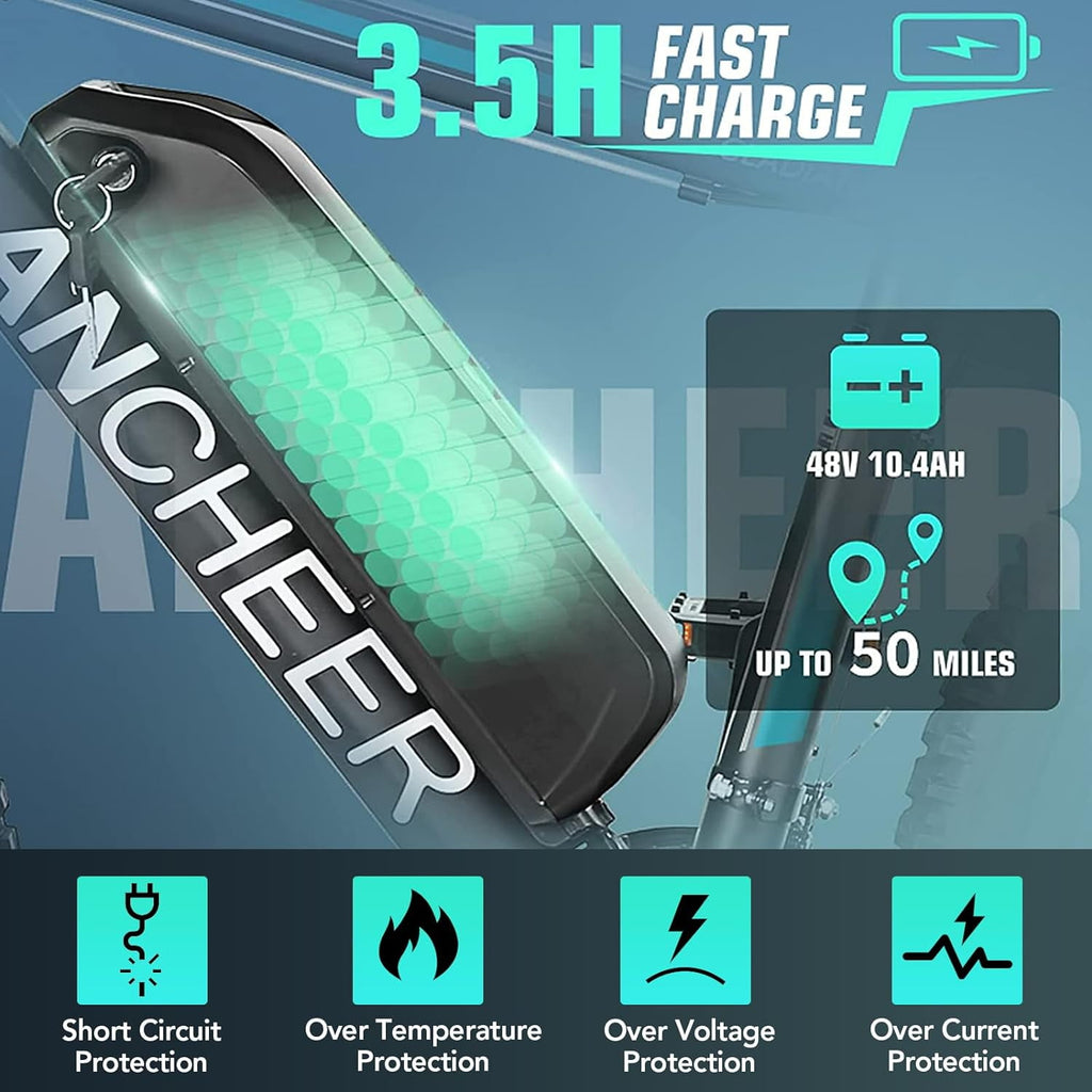 ANCHEER Gladiator 500W 26" Electric Bike for Adults, Electric Mountain Bike with 2.1” eMTB Tire, 48V 10.4Ah Battery, 3H Fast Charge, Shimano 21 Speed, Adults Electric Bicycle