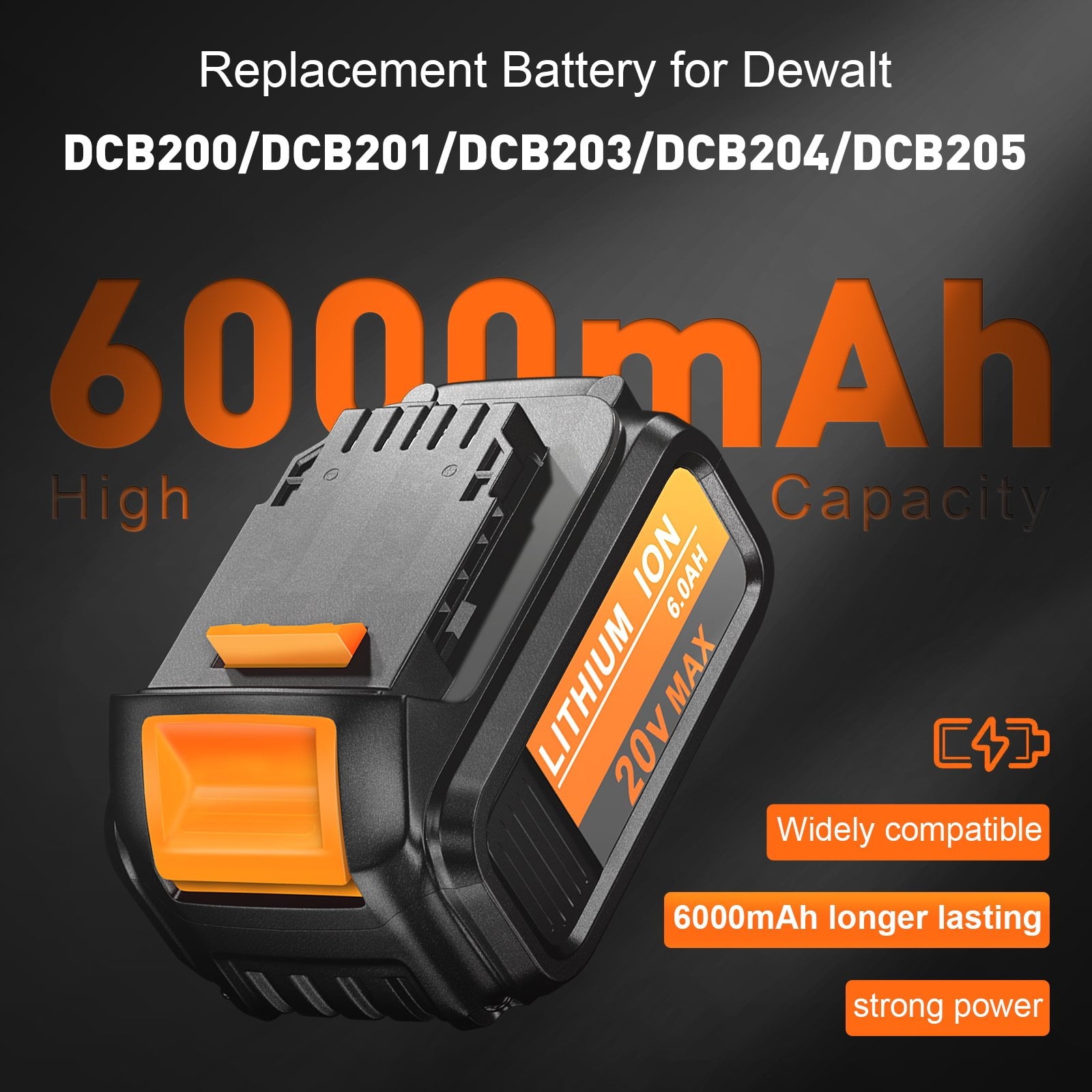 2 Pack DCB200 20V 6.0Ah Battery Replacement for Dewalt 20V Battery DCB206 DCB205 DCB204