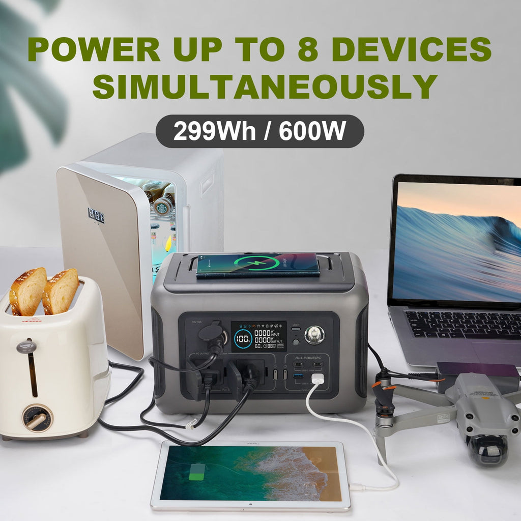 ALLPOWERS R600 Portable Power Station 600W, 299Wh LiFePO4 Battery, Wireless Charging, Solar Generator for Camping Home Emergency off-Grid